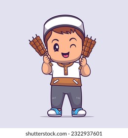 Cute Male Moslem Holding Meat Barbecue Cartoon Vector Icon Illustration. People Food Icon Concept Isolated Premium Vector. Flat Cartoon Style