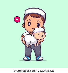 Cute Male Moslem Holding Sheep Cartoon Vector Icon Illustration. People Animal Icon Concept Isolated Premium Vector. Flat Cartoon Style