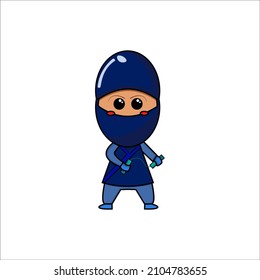 cute male ninja holding a double stick. Ninja wearing blue clothes