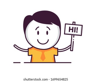 Cute male office or bank worker character with Hi tag in his hand. Welcome smile and friendly greeting. Client service