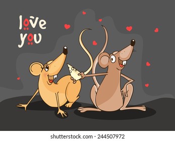 Cute male rat offering cheese to his beloved on red hearts decorated background for Happy Valentines Day celebration.