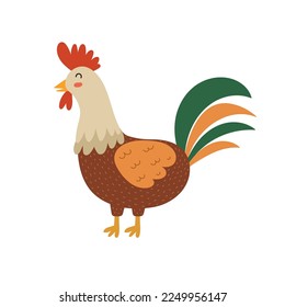 Cute male rooster in cartoon style. Farm animal character for kids and baby design. Vector illustration