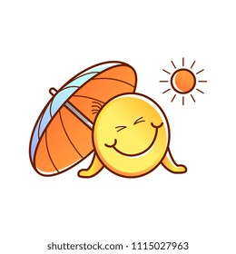 Cute male smiley face or emoticon in sketch style enjoys sun tan with sun umbrella. Funny emoji on vacation. Summer holiday vector illustration
