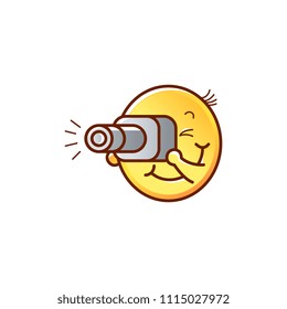 Cute male smiley face or emoticon in sketch style making pictures, shoots using photo camera. Funny emoji on vacation. Summer holiday vector illustration