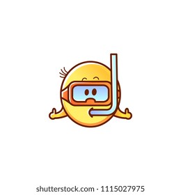 Cute male smiley face or emoticon in sketch style scuba diving with mask and snorkel. Funny emoji on vacation. Summer holiday vector illustration