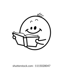 Cute male smiley face or emoticon in sketch style smiling holding textbook. Funny emoji going to school, college or kindergarten. Monochrome black and white vector illustration