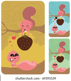 Cute male squirrel or rodent in a tree giving his nut or strawberry to his fiancee or lover. She is enticed with him, completly in love. Retro style illustration