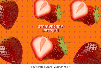 Cute male strawberry and pink chalk ball pattern. Summer illustration repeat wallpaper. Orange background. Seamless pattern vector