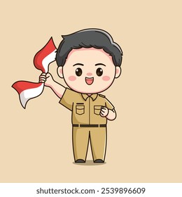 cute male teacher character carrying the Indonesian flag