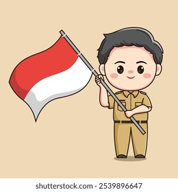 cute male teacher character carrying the Indonesian flag