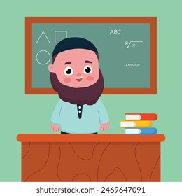 cute male teacher illustration character. the teacher points to the blackboard. flat cartoon style
