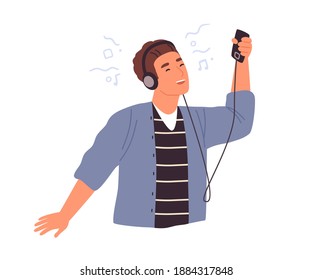 Cute male teenager in headphones listening to music using smartphone or mp3 player vector flat illustration. Happy dancing young man enjoying sound with modern device isolated on white