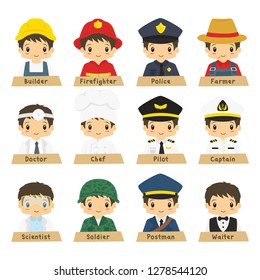 Cute male workers in different uniform vector collection. Half body professions character icon vector