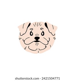 Hermoso bozal maltés. Un divertido avatar de un cachorro de raza de juguete. Cara de cachorro esponjosa, hocico entretenido. Feliz retrato de mascotas caninas. Perro de regazo pequeño. Ilustración vectorial aislada plana sobre fondo blanco