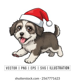 Cute Maltese Puppy in Santa Hat - Christmas Cartoon Vector Illustration