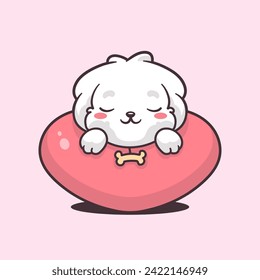 Cute Maltese puppy sleeping in a heart shaped pillow vector illustration