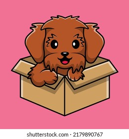 Cute Perro Maltipoo Jugando En Casilla Ilustración Icono Vector De Caricatura. Concepto de dibujos animados planos