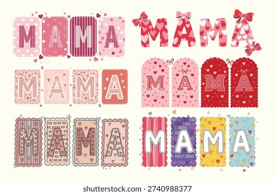 cute mama design with cookie style bubble letters on stitched pastel patches decorated with bows hearts and stripes perfect for mothers day cards baby shower decor kids apparel stickers and sublimation gifts for mom
