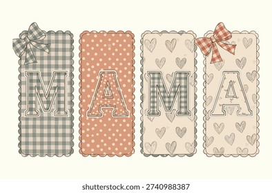 cute mama design with cookie style bubble letters on stitched pastel patches decorated with bows hearts and stripes perfect for mothers day cards baby shower decor kids apparel stickers and sublimation gifts for mom