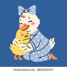 Cute Mama Duck Cuddling Happy Yellow Duckling