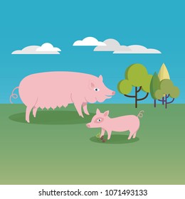 Cute mama pig and baby piglet at the farm vector illustration