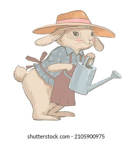 Cute mama rabbit in a hat holding a watering can. Bunny Gardener's Can be used for greeting cards, baby shower invitations. Vector nursery illustration