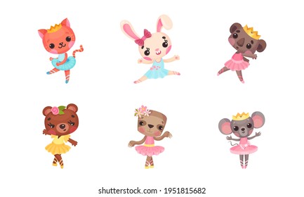Cute Mammals with Mouse and Koala in Ballerina Dress and Crown on Head Dancing Vector Set