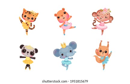 Cute Mammals with Panda and Elephant in Ballerina Dress and Crown on Head Dancing Vector Set