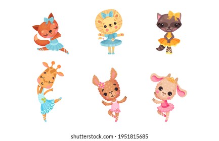 Cute Mammals with Sheep and Lion in Ballerina Dress and Bow on Head Dancing Vector Set