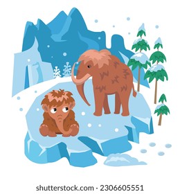 Cute mammoth cub and mother in winter among mountains and snow. Scene for design. Cartoon character. Nature and landscape. Vector illustration.