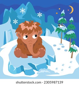 Cute mammoth cub in winter among mountains and snow. Scene for design. Cartoon character. Nature and landscape. Vector illustration.