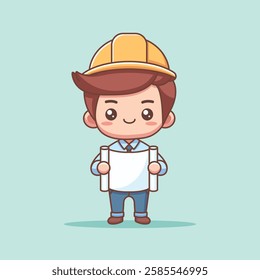 Cute Man Architect Construction Holding Paper Sketch Cartoon Vector Icon Illustration. People Profession Icon Concept Isolated Premium Vector. Flat Cartoon Style