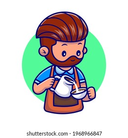 Cute Man Barista Cartoon Vector Icon Illustration. People Drink Icon Concept Isolated Premium Vector. Flat Cartoon Style