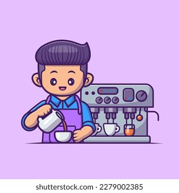 Cute Man Barista Making Coffee Cartoon Vector Icon Illustration. People Drink Icon Concept Isolated Premium Vector. Flat Cartoon Style