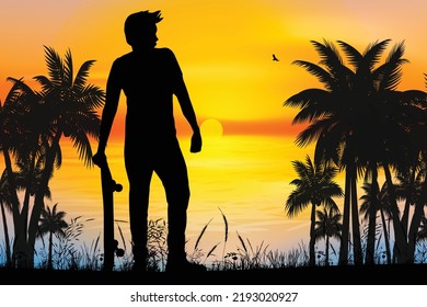 cute man and beach silhouette graphic