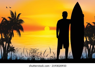 cute man and beach silhouette graphic