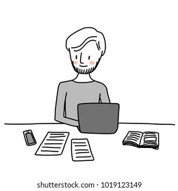 Cute man with beard working on laptop. Paper, book, report and smartphone displayed on desk. Hipster man looking at report and typing document accordingly. Vector illustration with hand-drawn style.