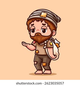 Cute Man Beggar Jobless Cartoon Vector Icon Illustration. People Finance Icon Concept Isolated Premium Vector. Flat Cartoon Style
