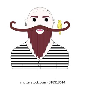 cute man with big beard and long moustaches with bird on them. hairless man in stripped clothing