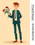 Cute man with brown hair in dark suit. He is smiling. He has red flowers in his hands. Vector cartoon illustration. Character.