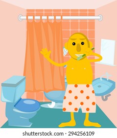 Cute man with brushing his teeth in bathroom. 