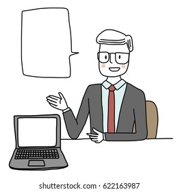 Cute man in business suit showing blank screen laptop and presenting his working content. Word bubble included. Vector illustration with hand-drawn style.