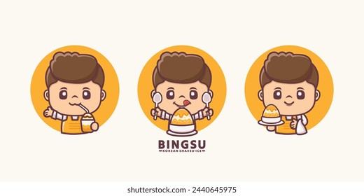 cute man cartoon and bingsu korean shaved ice, vector illustration in outline style