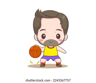 Cute man cartoon character. man playing basketball chibi illustration.
