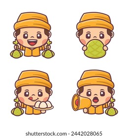Cute man cartoon with ketupat, Indonesian traditional food. vector illustration in outline style