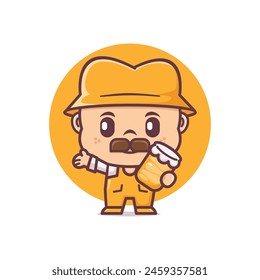 cute man cartoon  with kombucha, vector illustration in outline style