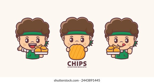 cute man cartoon mascot with chips, vector illustration in outline style