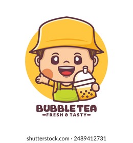 cute man cartoon mascot design with bubble tea.