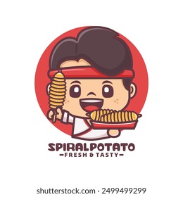 cute man cartoon mascot design with spiral potato, vector illustration for culinary business, brand logo, sticker, cartoon identity, decal, icon, etc.