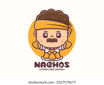 Diseño lindo de la mascota de la historieta del hombre con nachos, Plantilla del logotipo de la comida, Ilustración vectorial en estilo del contorno.